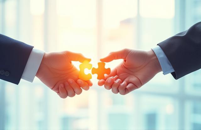 Two hands connecting puzzle pieces or partnership handshake concept image