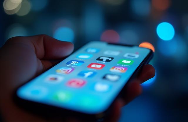 Mobile phone screen with social media feed icons